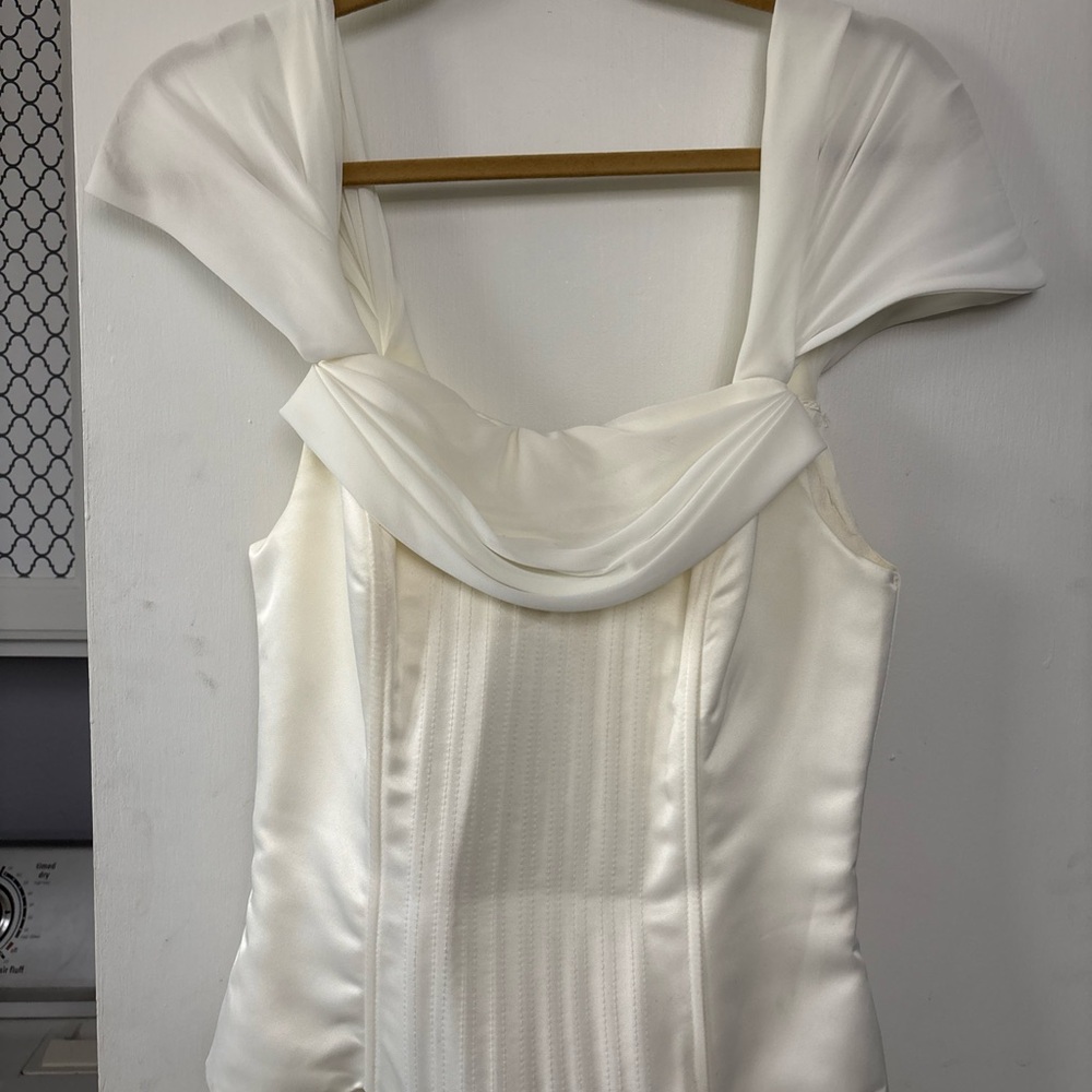 Jessica McClintock Corset Wedding Ivory Gown Strapless Satin Sheer Cap Sleeve 4 - Picture 2 of 14